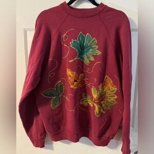 90’s Embroidered HandPainted Fall Gold Leaf Sweatershirt Grannycore XL Oversized